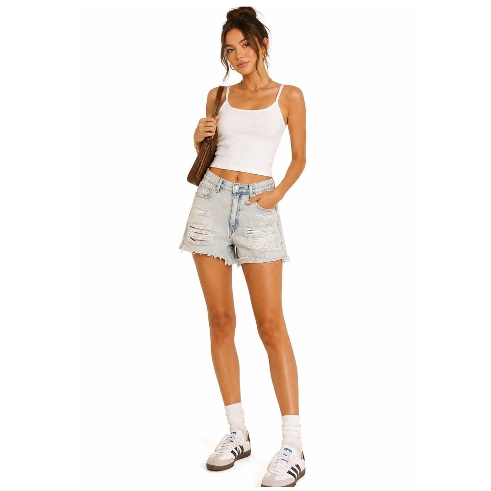 New American Eagle Women's Mom Shorts Light Wash Distressed High Rise Jean 6